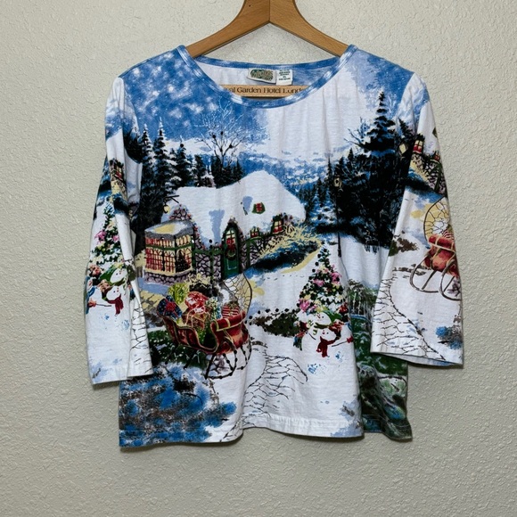 Vintage Collections ETC. Sequined Cabin Sleigh Snow Scene top. Women’s XL - Picture 2 of 9